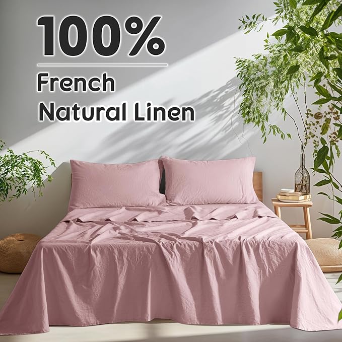 SONORO KATE 100% French Pure Linen Sheets, Breathable and Durable, Anti-Tear, Machine Washable, 16 Inch Deep Pocket - 4 Piece (Embroidery Purple, California King)