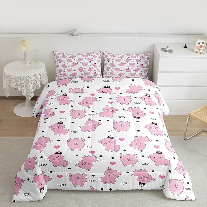 Erosebridal Pink Pig Comforter Set for Girls Kawaii Room Decor King,Cute Pigs Bedding Set for Kids Boys Children Farm Animal Quilted Duvet Sets Cartoom Style Soft Lightweight Down Comforter 3 Pcs