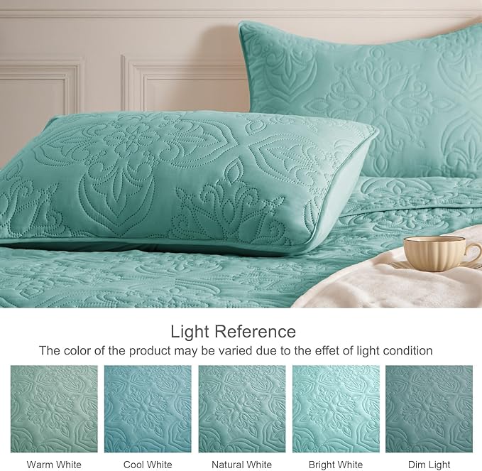 Whale Flotilla Soft Twin Quilt Bedding Set for All Seasons, Elegant Vintage Damask Ultrasonic Quilts Set, Lightweight Reversible Bedspread, Coverlet, Bed Cover with 1 Pillow Sham, Turquoise Green