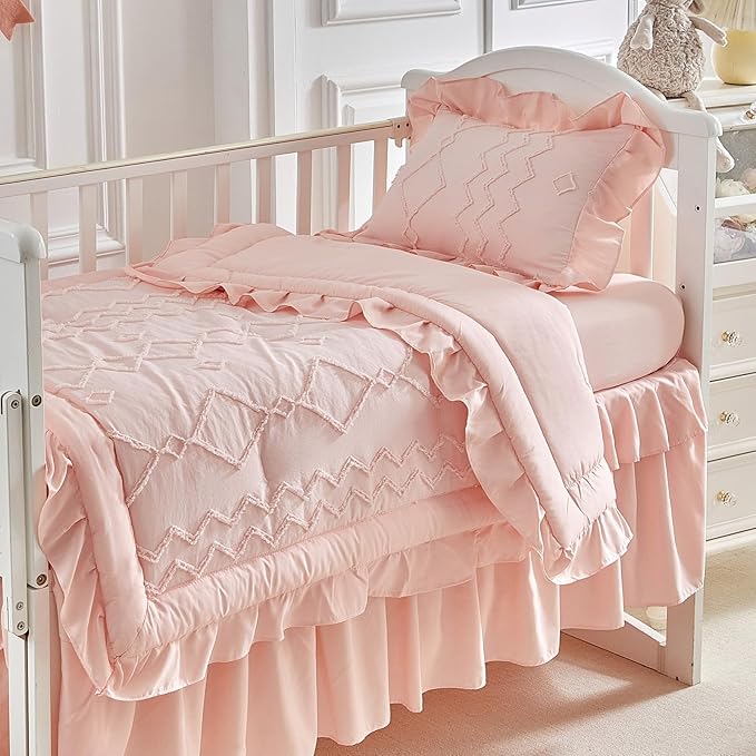 AIKASY The Ruffled Shabby Crib Bedding Set for Girls, Baby Quilted Comforter with Fitted Sheet, Bed Skirt, and Pillowcase（Coral Pink）