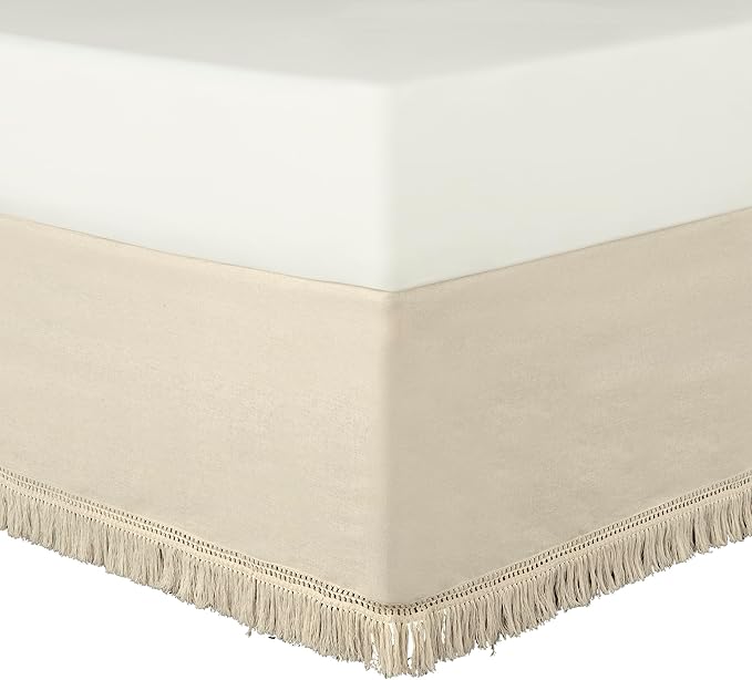 Lush Decor Boho Fringe 15-Inch Tailored Drop Easy Fit Bed Skirt Queen Size Single 60" W x 80" L +15" Neutral - Queen Bed Skirt - Wrap Around Bed Skirt