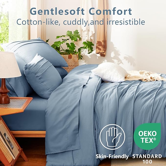 CozyLux Queen Comforter Set Grayish Blue, 7 Pieces Soft Pinch Pleat Bed in a Bag Queen Comforter Set with Sheets, Boho Bed Set with Down Alternative Comforter, Sheets, Pillowcases & Shams