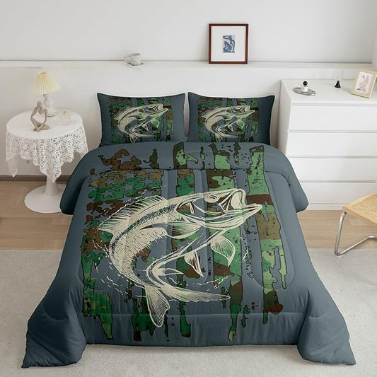 Feelyou Bass Fish Comforter Set Queen Size Green Camouflage Bedding Set for Fishing Lover Gifts Boys Girls Camo Pike Fish Fishing Comforter Wild Fisherman Bed Set Rustic Cabin Bedroom Decor