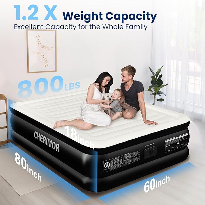 Air Mattress Queen with Built in Pump, Inflatable Blow Up Mattress 18" Raised, Multi-Layer Leakproof, Heavy-Duty Support 800 lbs, Air Bed Queen Size for Home Guests Camping, 3-Min Inflation
