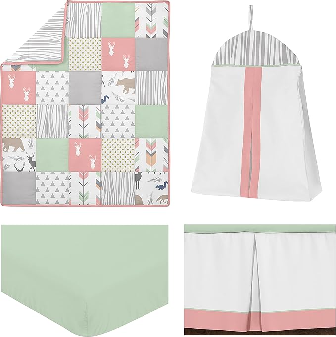 Sweet Jojo Designs Coral, Mint and Grey Woodsy Deer Girls Baby Bedding 4 Piece Crib Set