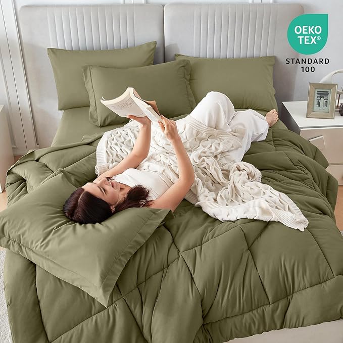 Sasttie California King Comforter Set, 7 Pieces Cal King Bed in a Bag, Complete Bedding Set Includes Comforter, Flat Sheet, Fitted Sheet, Pillowcases and Pillow Shams, Olive