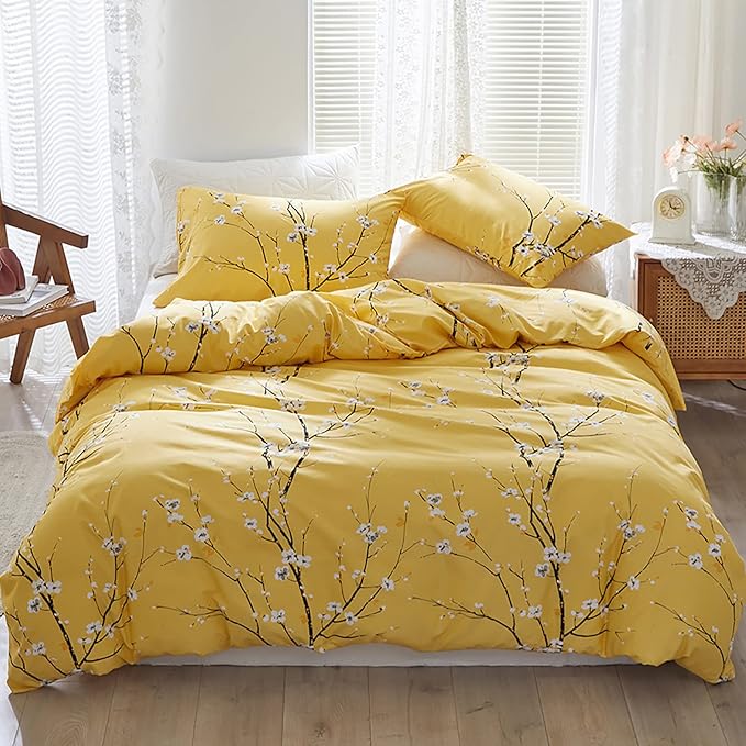 WONGS BEDDING Yellow Floral Duvet Cover Set Queen, 3 Pieces Flower Plum Blossom Printed Bedding Set with 2 Pillowcases, Botanical Branch Comforter Cover Set Queen Size 90"X90"(Not Comforter)