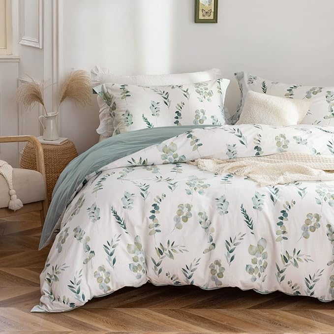 MILDLY Duvet Cover Twin Size - 100% Washed Cotton Sage Green Eucalyptus Reversible Floral Duvet Cover Set 2 Pieces with Zipper Closure Corner Ties