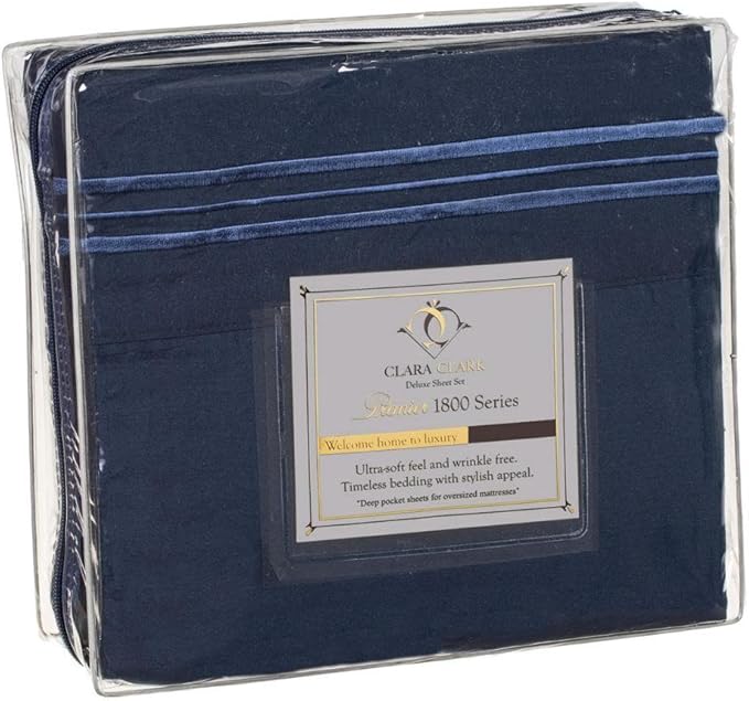Clara Clark 1800 Series Bed Sheet Sets - Stay fit on Mattress with Elastic Straps at Corners - Full (Double), Navy Blue