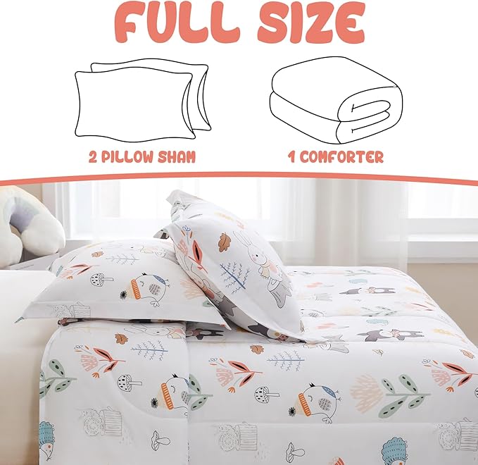 Yibeizi Woodland Animals Comforter Set Full Size, Kids Forest Floral Camper Themed Printed Bedding Set with Pillow Sham, Cute Lightweight Soft Breathable Machine Washable Quilted Bed Comforter