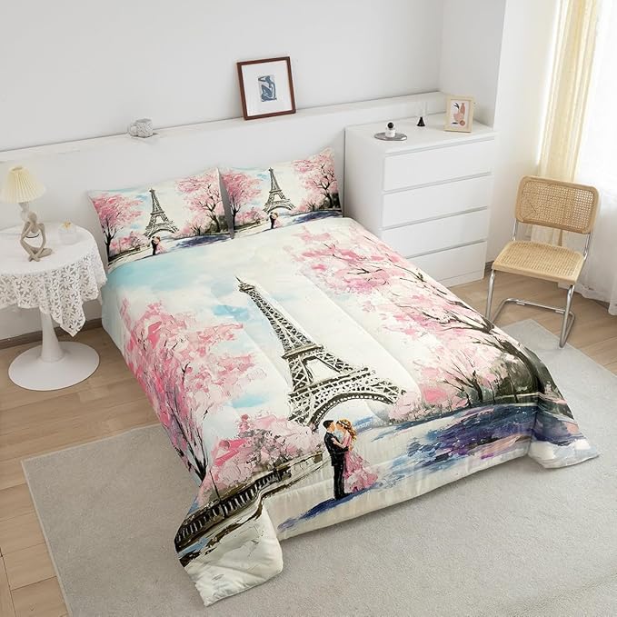Paris Decor Comforter Set King Girly French Eiffel Tower Bedding Sets For Girls Kids Women Couple Bedroom Pink Cherry Blossoms Duvet Insert Watercolor Paris Tower Comforter Valentine 3 Pieces