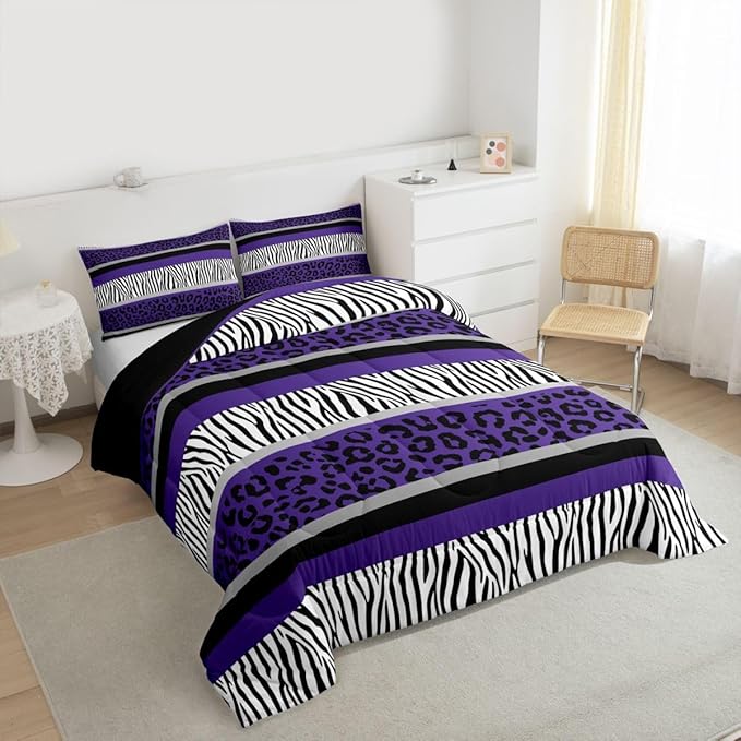 Feelyou Leopard Print Comforter Set Zebra Stripes Bedding Set for Kids Boys Girls Teens Purple Black White Zebra Leopard Fur Comforter Safari Animal Hair Duvet Set Room Decor Quilt King Size Boys