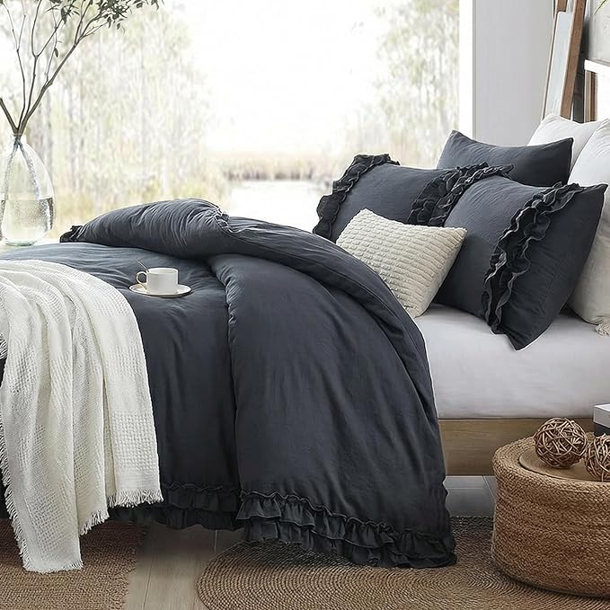 Bedorm Navy Ruffle Duvet Cover Vintage Queen Bedding Set Navy Blue Lace Fringe Ruffled Bedroom Decor Shabby Chic Boho Comforter Cover with Pillowcases
