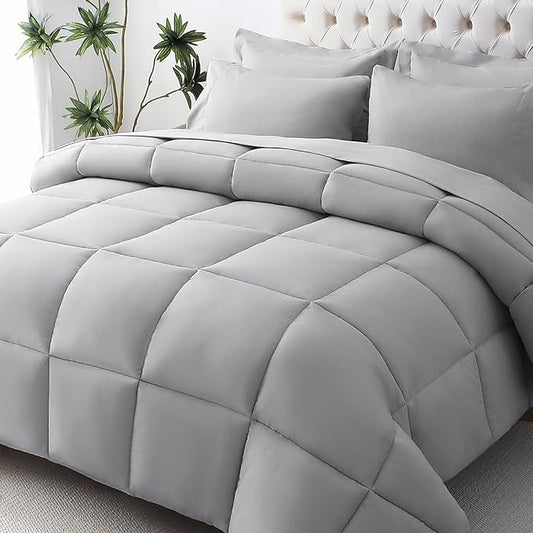 JOLLYVOGUE Full Comforter Set, Ultra-Soft Bed in a Bag Full Size 7 Pieces, Oeko-TEX Certified Bedding Set with Down Alternative Comforter, Sheets, Pillowcases & Shams, Light Grey