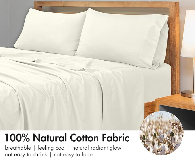 Royale Linens 300 Thread Count 100% Long Staple Combed Cotton - Super Soft -Top Sheet - TwinXL Flat Sheet Sold Separately - Breathable, Cool & Crisp Percale Flat Sheet Only (Twin XL, Ivory)