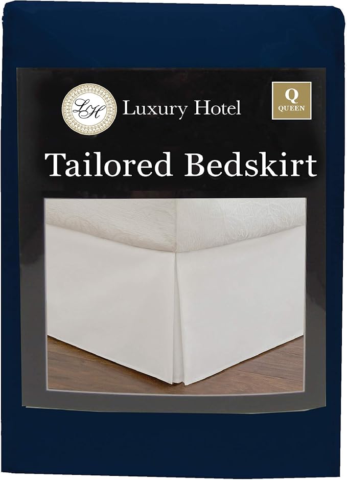 Luxury Hotel Tailored Bed Skirt, Box Pleats, 14 Inch Drop, Queen, Navy