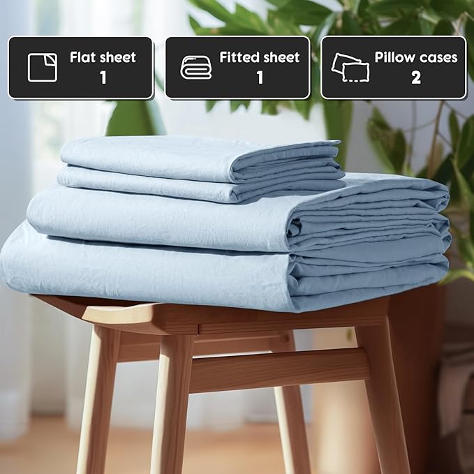 SONORO KATE 100% French Pure Linen Sheets, Breathable and Durable Linen Full Size Sheets, Anti-Tear Linen Bed Sheets, Machine Washable, 16 Inch Deep Pocket - 4 Piece (Dusty Blue, Full)