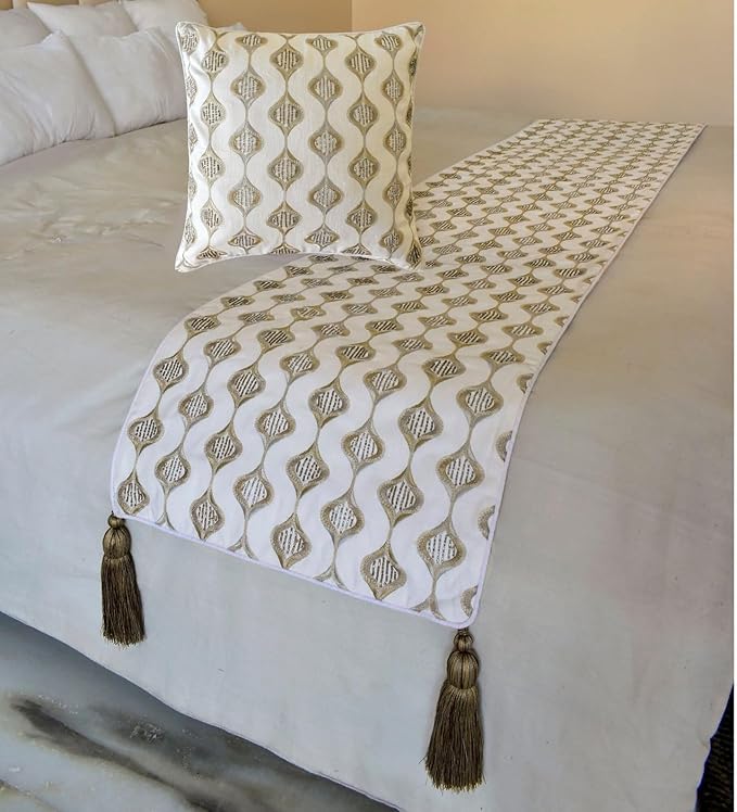 The HomeCentric King/Queen/Twin Beige Decorative Bed Runner King 90"x18" Bed Runner with Two Pillow Cover, Embroidery, Geometric, Beaded Hand Embroidery Bed Scarf on Linen Fabric - Mahsa
