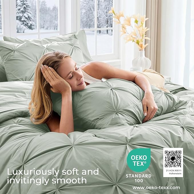 Sasttie King Size Comforter Set, 7-Piece Bed in a Bag, Pintuck Bedding Set for All Season, Includes Comforter, Flat Sheet, Fitted Sheet, Pillowcases and Pillowshams, Sage Grey