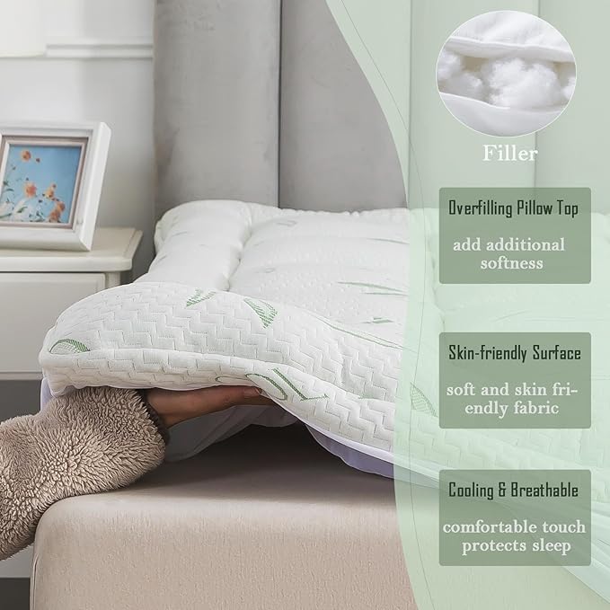 WhatsBedding Queen Mattress Topper, Soft Pillow Top Mattress Topper with Deep Pocket Fits 8–21 Inch,7D Spiral Fiber Filling, Bamboo Viscose Air Layer Mattress Topper Queen.