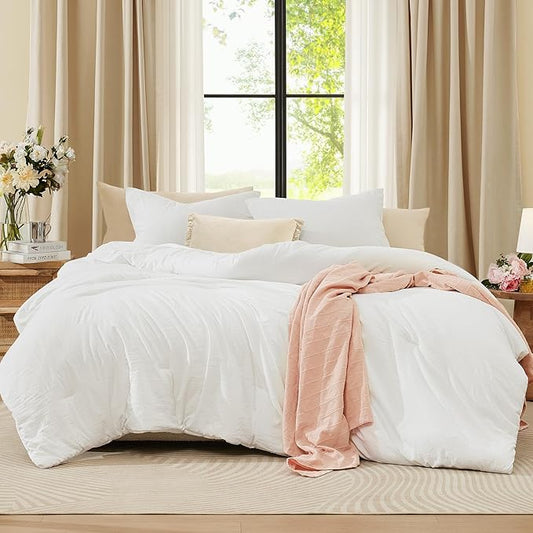WRENSONGE Full Size Comforter Sets - 3 Pieces Prewashed White Comforter Soft Lightweight for All Seasons,Fluffy Down Alternative Comforter Full Size with 2 Pillow Shams