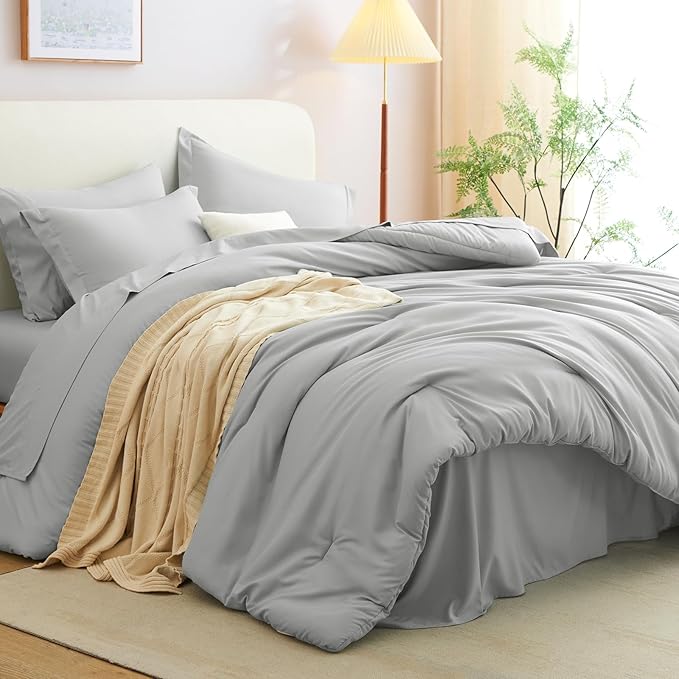 CozyLux King Size Comforter Set Light Grey, 7 Pieces Bed in a Bag King Comforter Set with Sheets, Bedding Set with Down Alternative Comforter, Fitted Sheet, Flat Sheet, Pillow Shams and Pillowcases