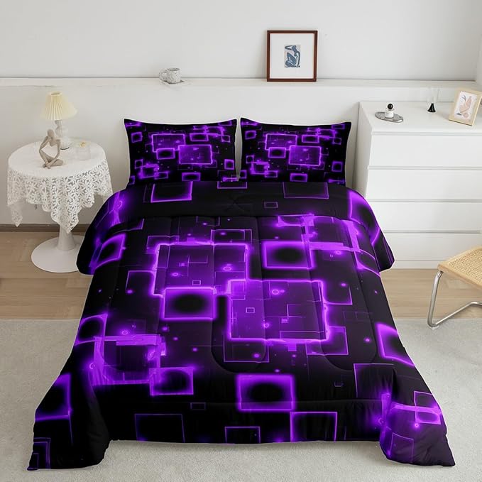 Feelyou Kids Geometric Purple Black Bedding Set Queen Size, Geometrics Comforter Set Light Honeycomb Comforter for Kids Boys Girls Abstract Duvet Insert Room Decor 3Pcs