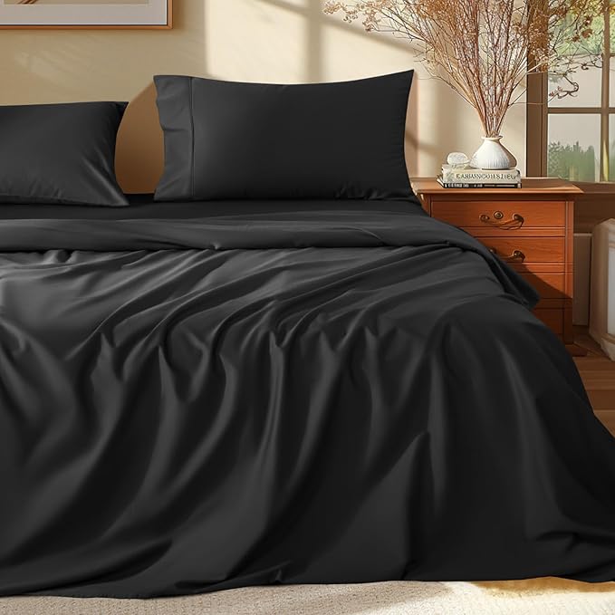 Shilucheng 100% Egyptian Cotton Sheets Set - 1000 Thread Count，Luxury Cotton Bed Sheets，Breathable & Cooling Bedding and Pillow Cases, 16 Inch Deep Pocket - 4 Piece (Black, Full)