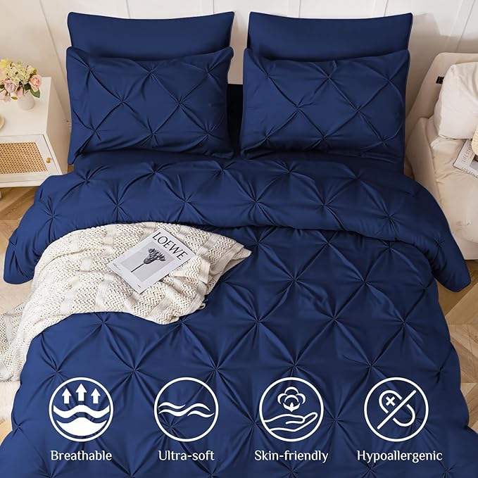JOLLYVOGUE Queen Comforter Set 7 Pieces - Bed in a Bag Queen for All Season, Pintuck Bedding Comforter Sets with Comforter, Flat Sheet, Fitted Sheet and Pillowcases & Shams, Navy
