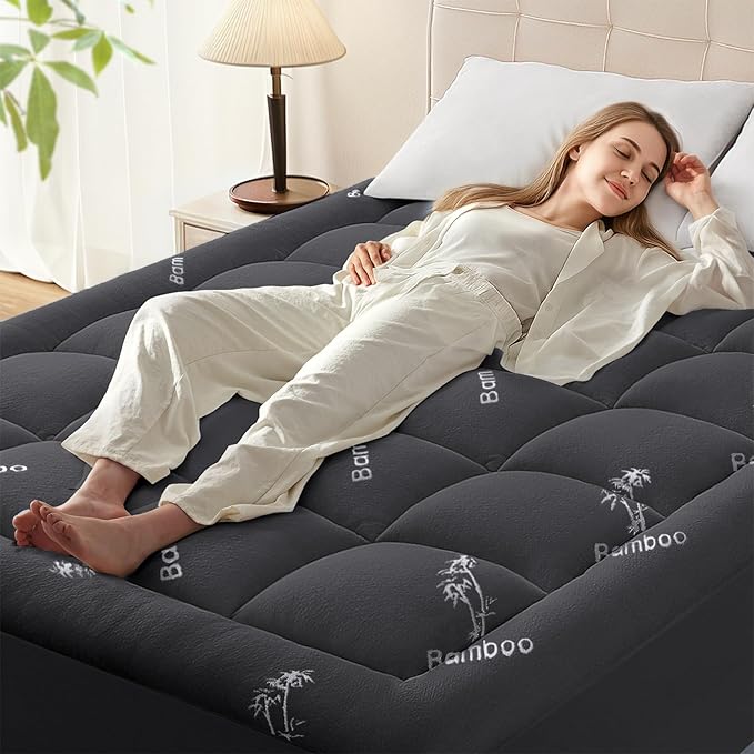 Anluoer Memory Foam Mattress Topper California King, Rayon Derived from Bamboo Pillow Top Mattress Topper for Hot Sleepers,Cooling Mattress Pad with 8-21" Deep Pocket, 72x84 Inches, Dark Grey