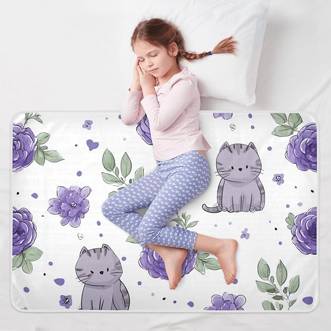 Waterproof Bed Pad Reusable Changing Pad Toddler Mattress Protector Large Pee Pad Baby Diaper Pad Soft Washable Liner Purple Roses and Cute Cats