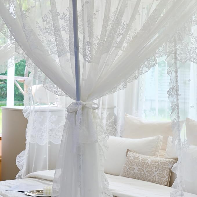 AIKASY Elegant Lace Princess 4-Poster Bed Canopy Mosquito Net - Romantic Wedding Bridal Bedroom Decor, Kids Room Bed Curtain for Women Adults - (White1,Twin)