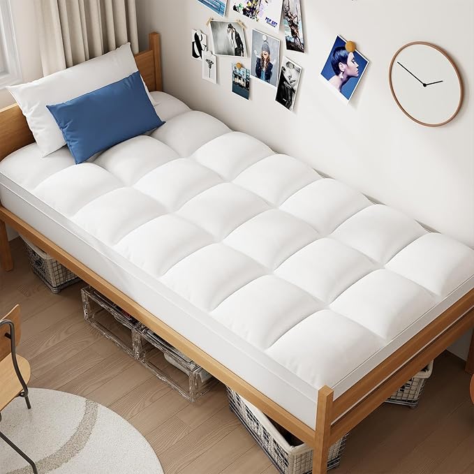 ELEMUSE Twin XL Mattress Topper for College Dorm Room Essentials, Thick Extra Long Twin Mattress Pad for Back Pain Relief, Plush Pillowtop with Elastic Deep Pocket, Overfilled Down Alternative Filling