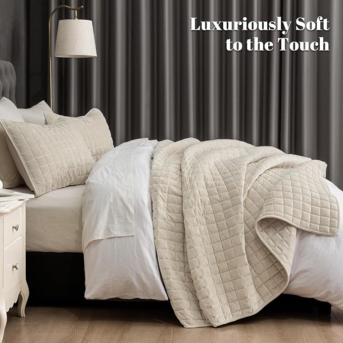 PHF Luxurious Velvet Quilt Set Twin Size – 2PCS Super Soft Quilted Comforter Alternative with Square-Box Quilt Pattern, Warm Quilted Bedspread Coverlet, 68" x 92", Sand
