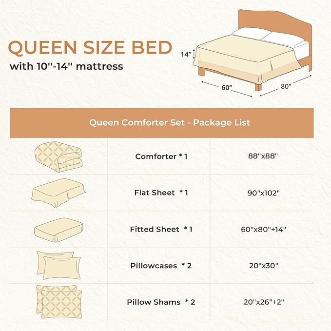 Sasttie Queen Comforter Set, 7-Piece Bed in a Bag, Pintuck Bedding Sets for All Season, Includes Comforter, Flat Sheet, Fitted Sheet, Pillowcases and Pillowshams, Beige