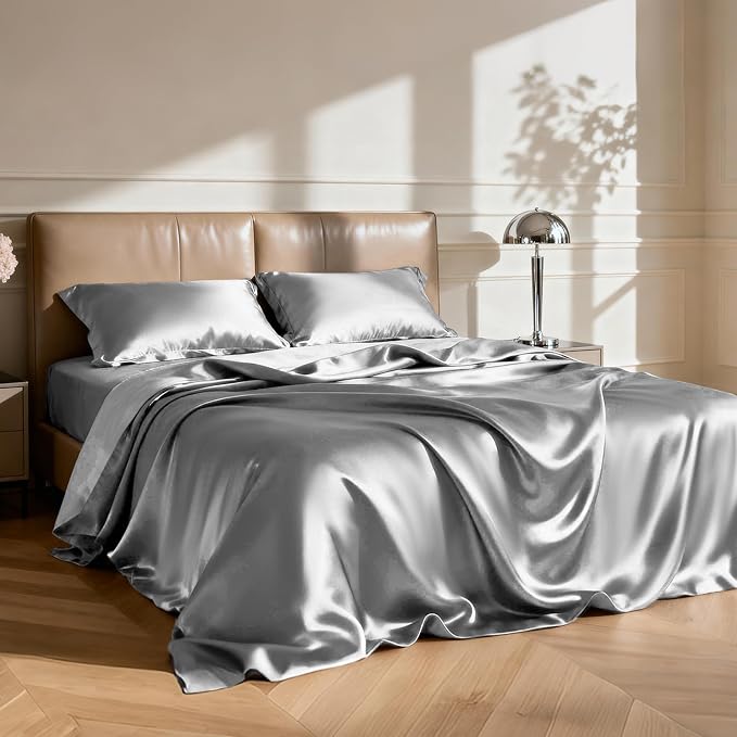 Love's cabin Twin Satin Sheet Sets - 3 Piece Dark Grey Silky Bed Sheets with Deep Pockets, Luxury Silk Feel Satin Twin Size Sheet Set Bedding Set (1 Flat Sheet,1 Fitted Sheet,1 Pillow case)
