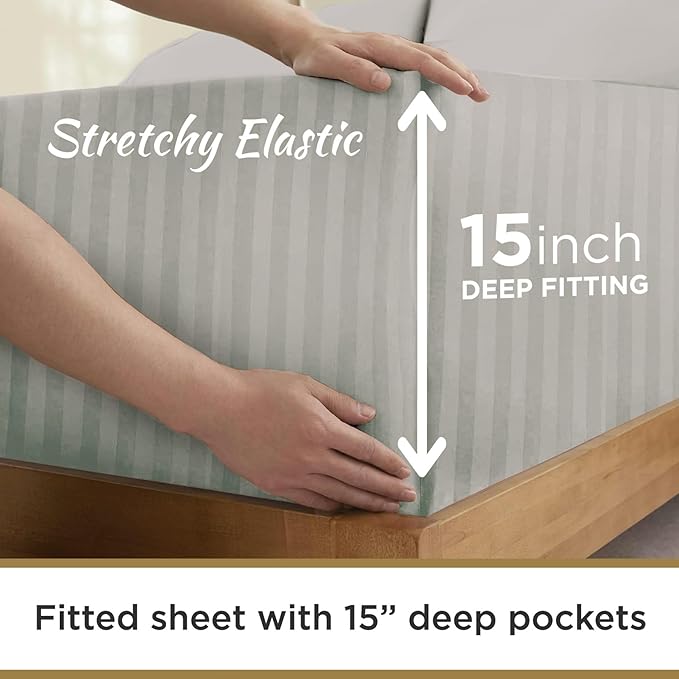 Twin XL 100% Microfiber Double Brushed Sheet Set - Extra-Soft & Wrinkle-Free - 15" Deep Pockets, 39" x 80" - Ideal for Dorms, Hospitals & Split King Beds - 3 PC Set (Twin XL, Silver Stripe)