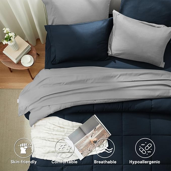 Anluoer King Size Bed in a Bag 7 Pieces, Navy and Grey Bed Comforter Set with Sheets, All Season Bedding Sets with 1 Comforter,2 Pillow Shams,2 Pillowcases, 1 Flat Sheet, 1 Fitted Sheet