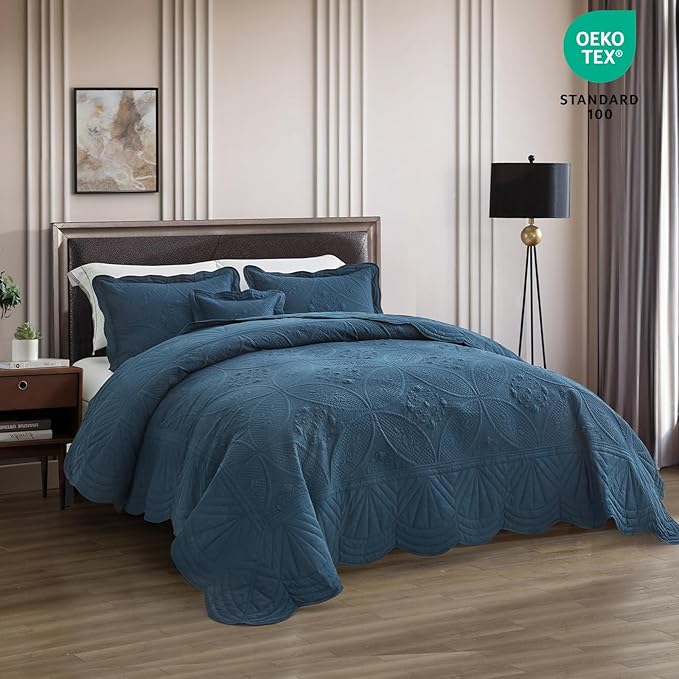 Oversized Bedspread - Queen Size Bedding Cover - Modern & Contemporary Coverlet Set, Real Stitching, Reversible, Lightweight, 5 Piece, Navy