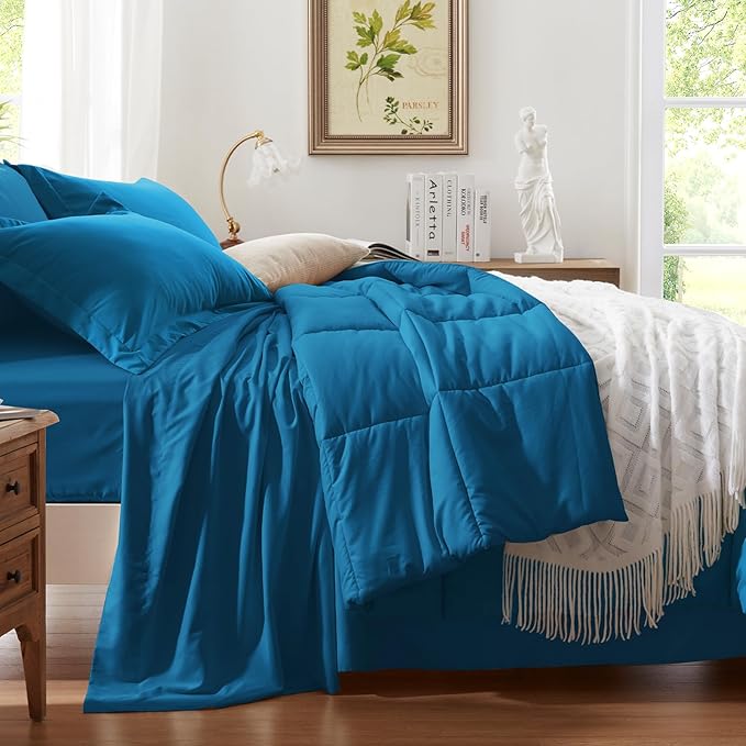 Anluoer Twin Comforter Set 5 Piece, Teal Bed in a Bag with Sheets, Comforters Twin Size Bedding Sets with 1 Comforter, 1 Pillow Shams, 1 Pillowcases, 1 Flat Sheet,1 Fitted Sheet