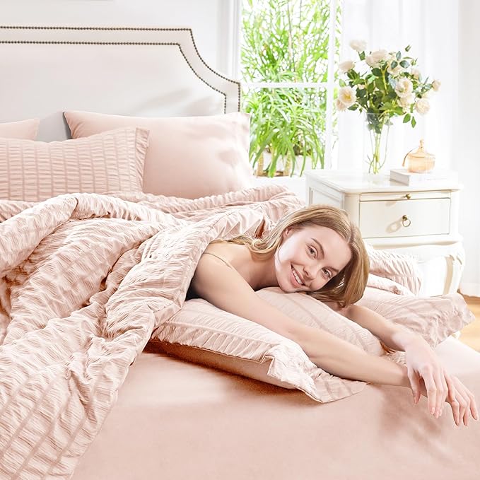 CozyLux King Size Comforter Set Blush Pink Seersucker 7 Pieces Bed in a Bag King Comforter Set with Sheets, Luxury Bedding Set with Down Alternative Comforter, Sheets, Pillowcases & Shams All Seasons