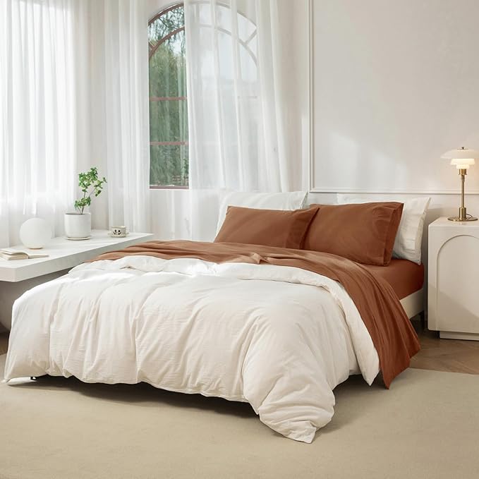 JIYUAN 100% Washed Cotton Sheet Set 4 Pieces Full,1 Fitted Sheet,1 Flat Sheet and 2 Pillowcases,Comfy and Breathable Linen Like Bedding Set,Burnt Orange