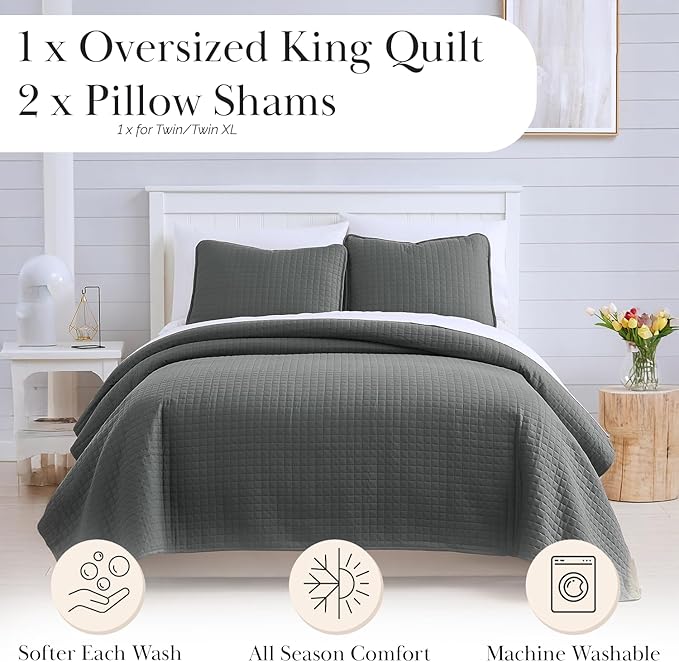 Southshore Fine Living, Inc. Oversized Quilt King Size Set, Grey Bed Spread King Size/California with 2 Matching Pillow Shams, Soft Microfiber Quilted Comforter Coverlet, Easy Care, Slate Grey