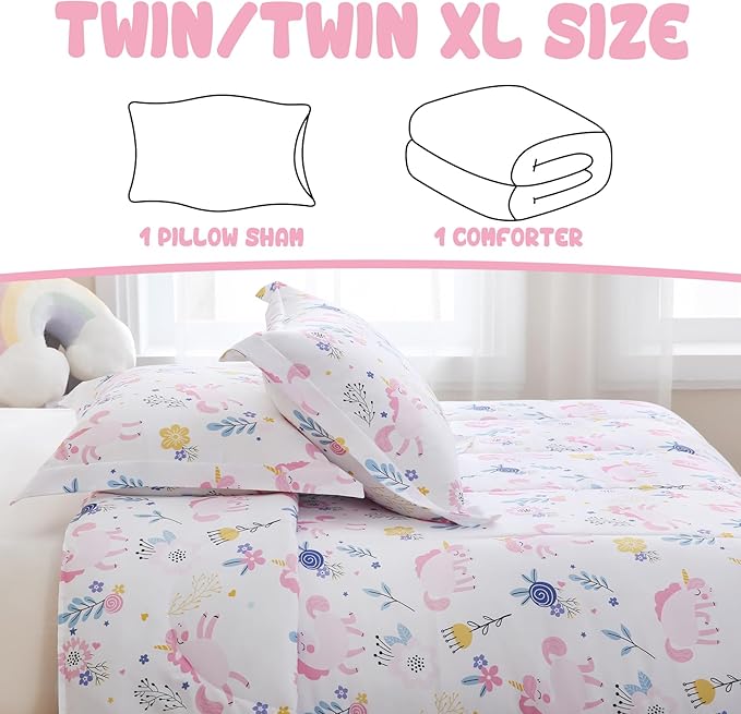 Yibeizi Pink Unicorn Comforter Set for Girls Twin, Kids Boho Floral Printed Bedding Set with Pillow Sham, Cute Lightweight Soft Breathable Machine Washable Quilted Bed Comforter Set 2 Piece