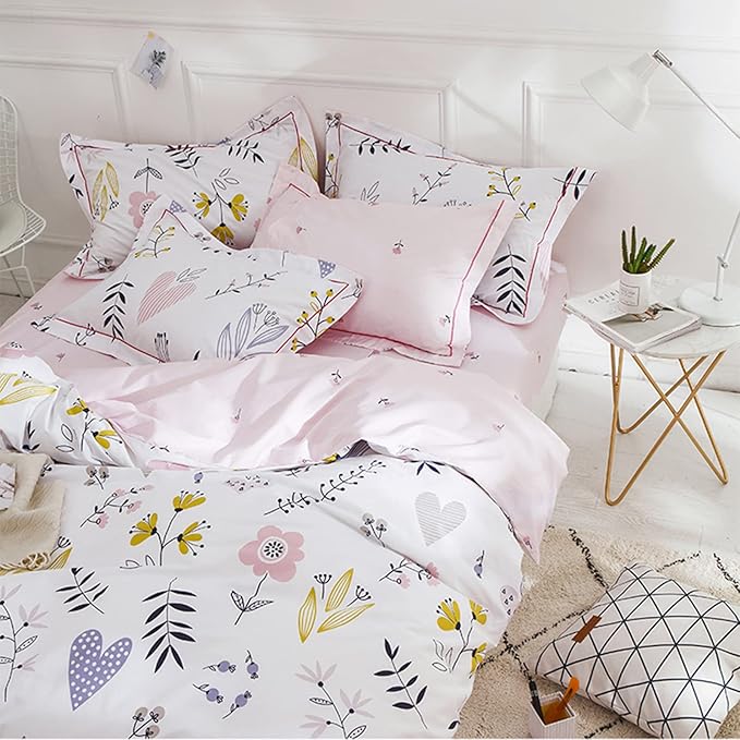 HighBuy Girls Duvet Cover Twin Floral Aesthetic Bedding Set White Pink Premium Cotton Teens Flower Kids Coquette Bedding Set Comforter Cover Soft Branches Boho Bedding Collection Pink