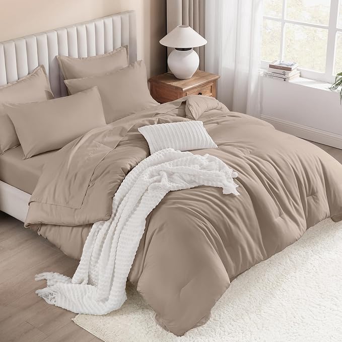 Litanika King Size Comforter Set Light Coffee - 7 Pieces Bed in a Bag Beddding Sets, Solid Lightweight Bed Set with Comforter, Sheets, Pillowcases & Shams