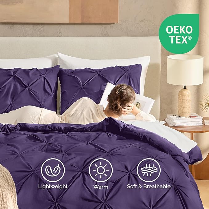 Andency Purple Comforter Twin(66x90Inch), 2 Pieces(1 Pintuck Comforter, 1 Pillowcase) Microfiber Pinch Pleat Comforter Set Twin Size, Lightweight and Soft Bedding Comforter Set