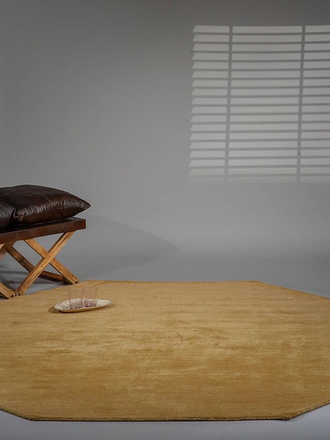 Hand Knotted Loom Wool ECO-Friendly Area Rugs - 6'x6', Octagon, Gold Color, Solid Plain Design, High Pile Thick Handmade Anti Skid Area Rugs for Living Room, Bed Room (L00111)