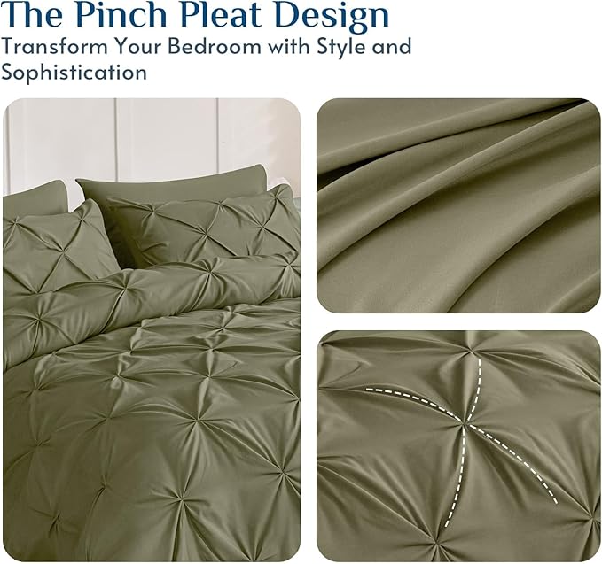 JOLLYVOGUE King Size Comforter Set 7 Pieces - Bed in a Bag King for All Season, Pintuck Bedding Comforter Sets with Comforter, Flat Sheet, Fitted Sheet and Pillowcases & Shams, Olive Green