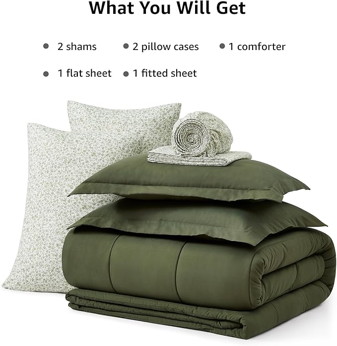 Monbix King Size Comforter Set - 7 Pieces Bed in a Bag King, Olive Green Track Stitching Bedding Sets, All Seasons Comforter Bed Set with Sheets, Pillowcases & Shams